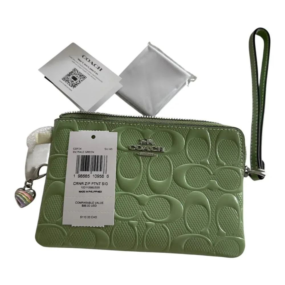 Coach Zip Corner Wristlet In Mint Green Leather with Heart Charm NWT CDF04